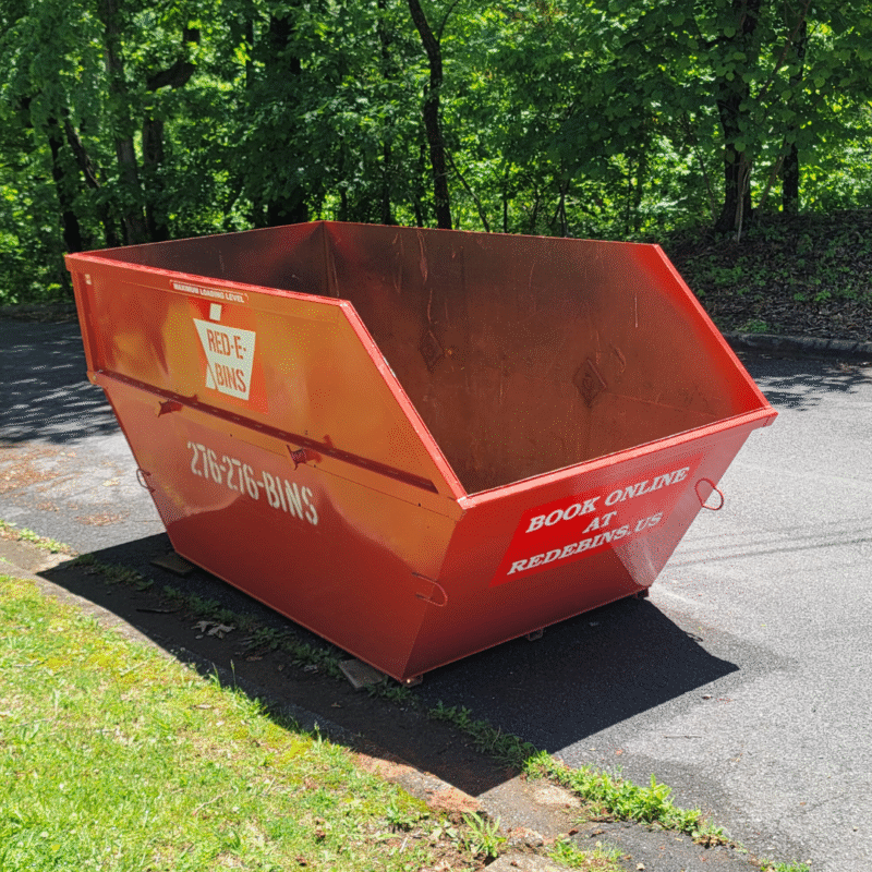 10 yard Red-E-Bins dumpster placed on a residential street in Bristol VA for small renovation or cleanup project