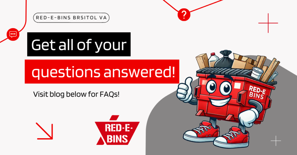 Red-E-Bins mascot holding a thumbs-up with the text 'Get all of your questions answered!' and a call-to-action for the FAQs blog. Designed with a red and white theme for dumpster rental FAQs in Bristol, VA.