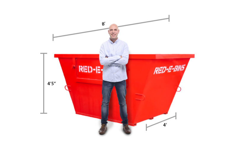 Red-E-Bins 5-yard red dumpster for small cleanouts and tight space placements.